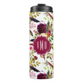Boho Burgundy Marsala Waterverf Floral monogram Thermosbeker (Voorkant)