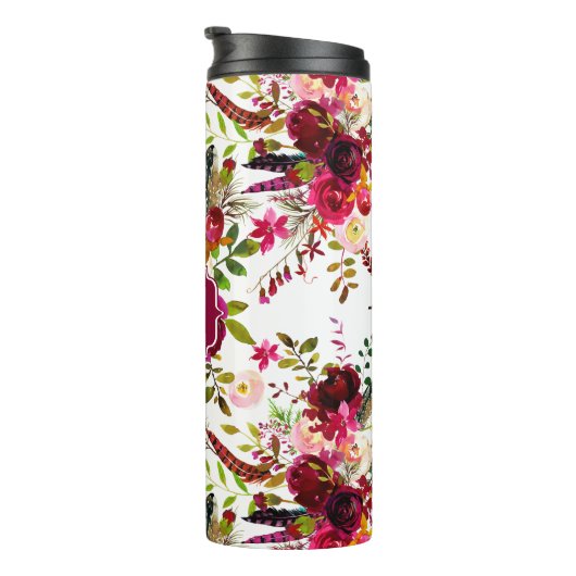 Boho Burgundy Marsala Waterverf Floral monogram Thermosbeker (Geroteerd rechts)