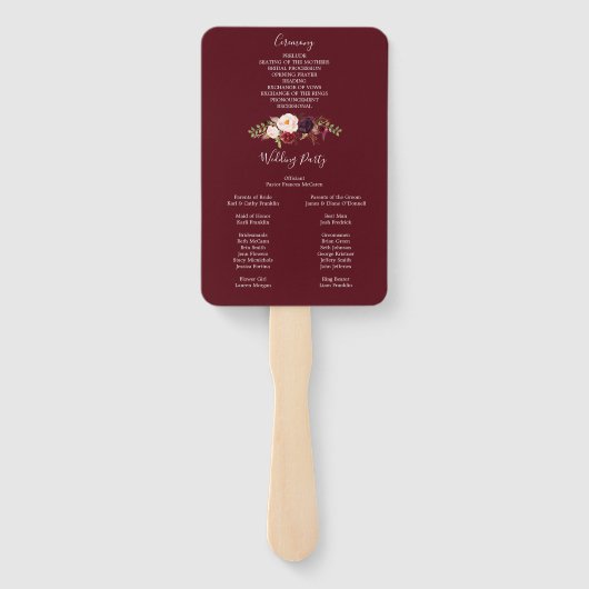 Boho Burgundy Marsala Wedding Fan Program Handwaaier (Achterkant)