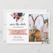 Boho Burgundy Navy Floral Foto ZZ Save the Date (Voorkant)