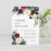 Boho Burgundy Navy Wedding Invitation Kaart (Staand voorkant)