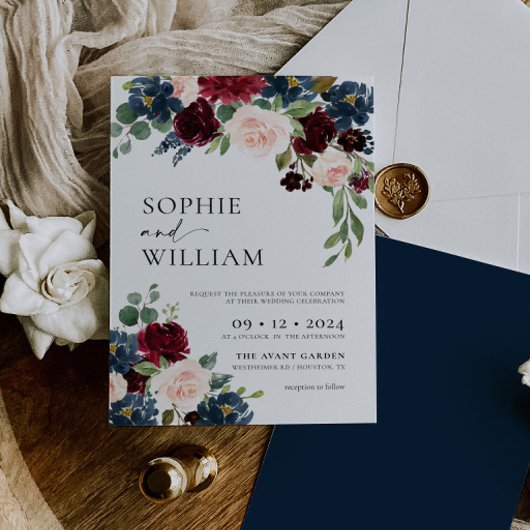 Boho Burgundy Navy Wedding Invitation Kaart