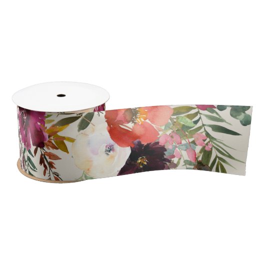 Boho Burgundy + Peach Waterverf Floral Ribbon Lint (Spoel)