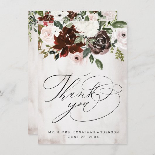 Boho Burgundy Pink Rose Waterverf Floral Wedding Bedankkaart (Voorkant / Achterkant)