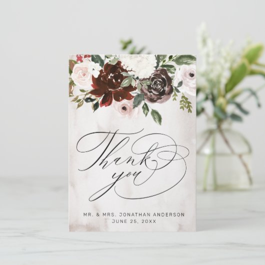 Boho Burgundy Pink Rose Waterverf Floral Wedding Bedankkaart (Staand voorkant)