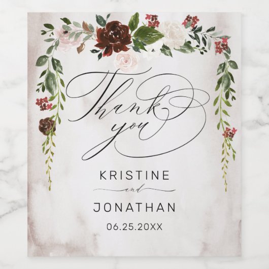 Boho Burgundy Pink Rose Waterverf Floral Wedding Wijn Etiket (Enkel label)