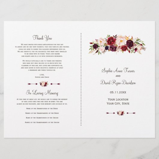 Boho Burgundy Red Marsala Floral Wedding Programme (Devant)