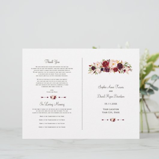 Boho Burgundy Red Marsala Floral Wedding Programme (Debout devant)