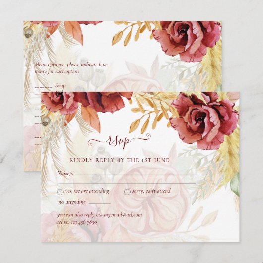 BOHO Burgundy Roos Pampas Grass Wedding Briefkaart (Voorkant / Achterkant)