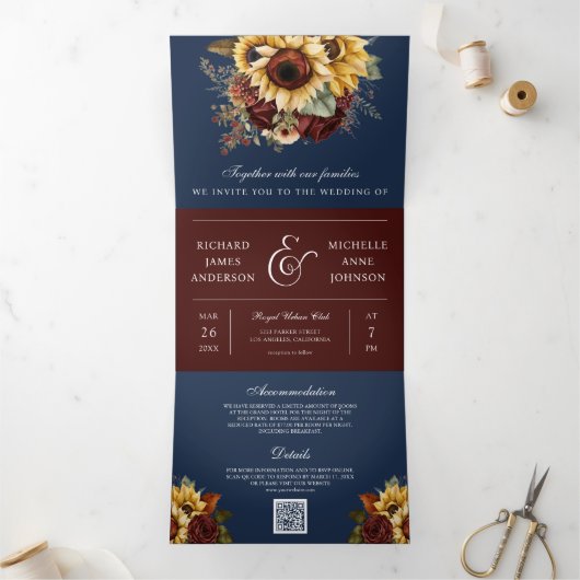 Boho Burgundy Rozen Sunflower Navy QR Code Weddens Drieluik Uitnodiging (Binnen)