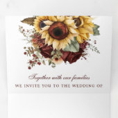 Boho Burgundy Rozen Sunflower QR Code Weddenschap Drieluik Uitnodiging (Binnenzijde eerst)