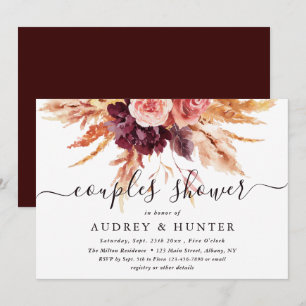 Boho Burgundy Terracotta Floral Couples Shower Kaart