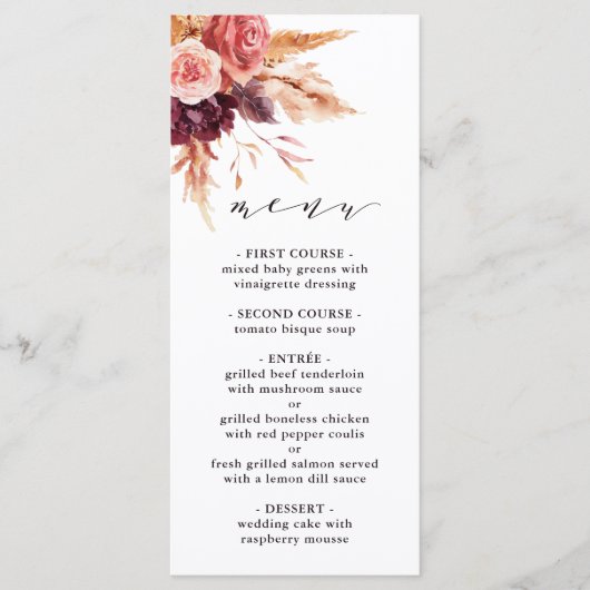 Boho Burgundy Terracotta Floral Wedding Menu (Voorkant)