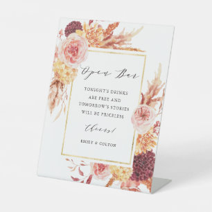 Boho Burgundy Terracotta Floral Wedding Open Bar Reclamebord Met Voetstuk
