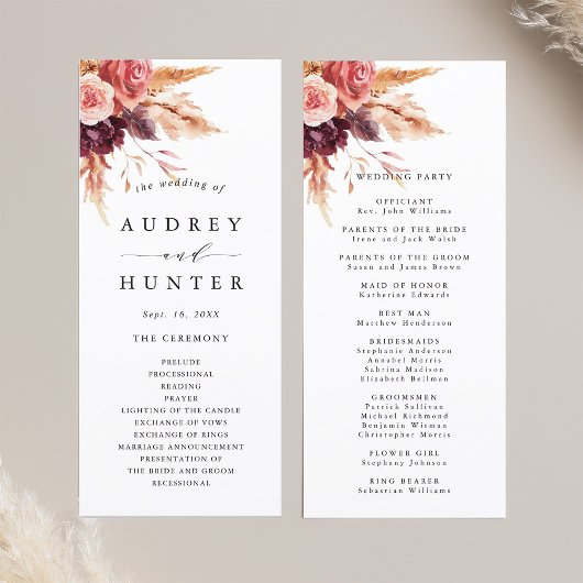 Boho Burgundy Terracotta Floral Wedding Programma