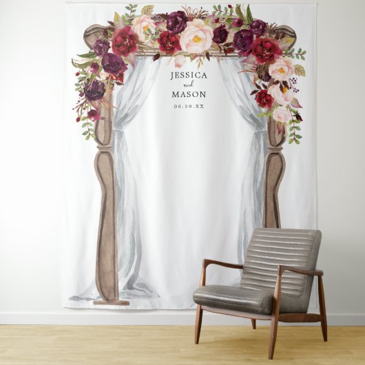 Boho Burgundy Trouwboog Achtergrond Foto Booth Wandkleed (In situ)