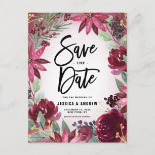 Boho Burgundy Winter Floral Lijst Save the Date Briefkaart