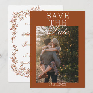 Boho Burnt Orange Floral Botanical Photo Wedding Save The Date