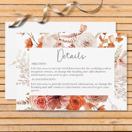 Boho Burnt Sinaasappel Herfst Bloemen Wit Details Informatiekaartje