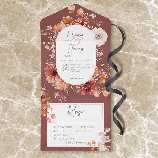 Boho Burnt Sinaasappel Rust Herfst Bloemen 3 Diner All In One Uitnodiging