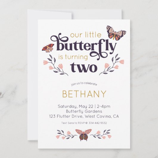 Boho Butterfly Invitation du deuxième anniversaire (Devant)