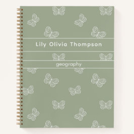 Boho Butterfly Pattern School Girl Name Sage Green Notitieboek