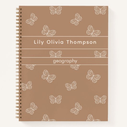Boho Butterfly Pattern School Girls Name Tan Brown Notitieboek (Voorkant)
