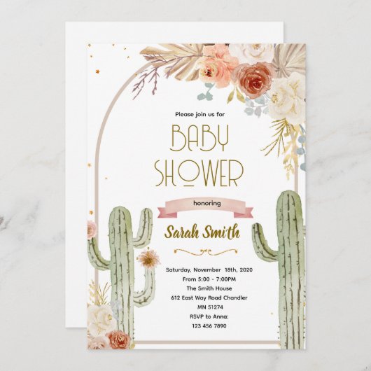Boho cactus baby shower Invitation (Devant / Derrière)