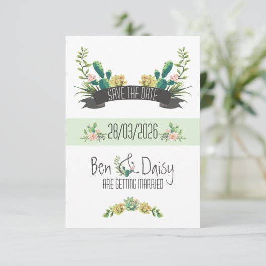 Boho Cactus Flat Save The Date Card (Debout devant)