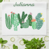 Boho Cactus Painting in Green Personalized Name Theedoek (Gevouwen)