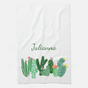 Boho Cactus Painting in Green Personalized Name Theedoek