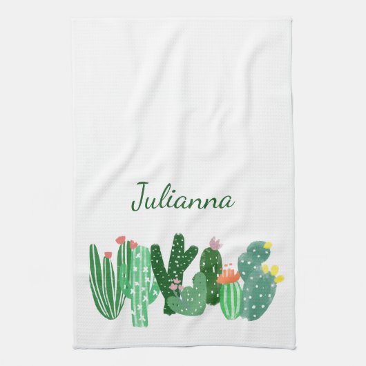 Boho Cactus Painting in Green Personalized Name Theedoek (Verticaal)