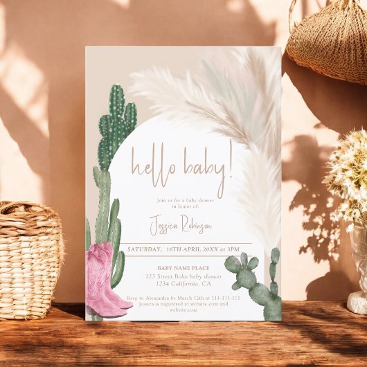 Boho cactus pampas arch hallo baby shower kaart