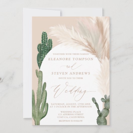 Boho cactus pampas boog beige aardtoon bruiloft kaart (Voorkant)