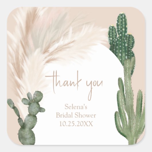 Boho cactus pampas boog woestijn bruidsfeest vierkante sticker (Voorkant)