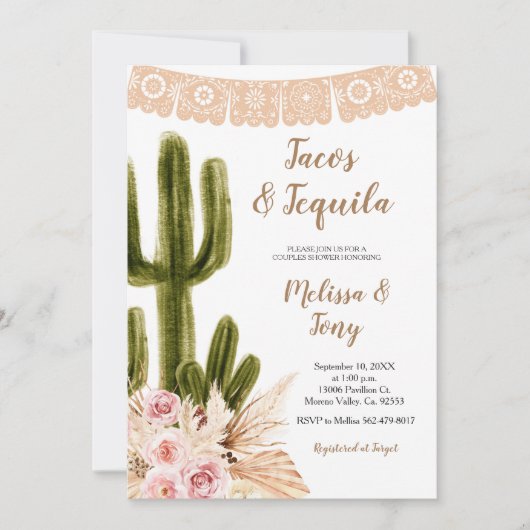 Boho Cactus Pampas Grass Couples Douche Invitation (Devant)