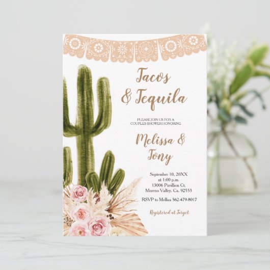 Boho Cactus Pampas Grass Couples Douche Invitation (Debout devant)