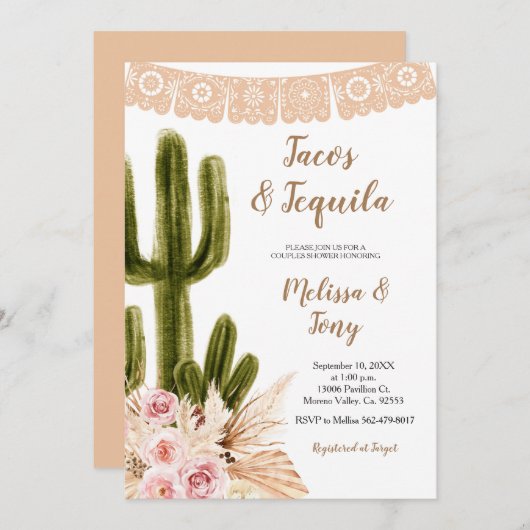 Boho Cactus Pampas Grass Couples Douche Invitation (Devant / Derrière)