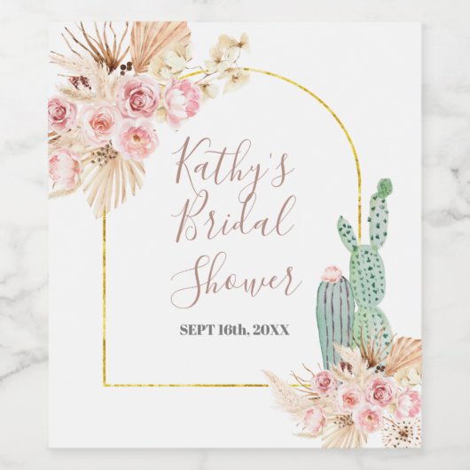 Boho Cactus Roze Bloem Wijnfles Label Wijn Etiket (Enkel label)