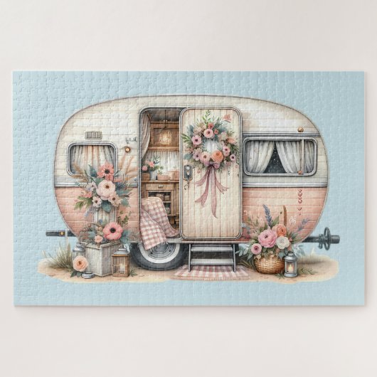 Boho Camper met Bloemenkrans & Pastels Roze Legpuzzel (Horizontaal)
