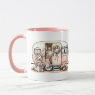 Boho Camper met Bloemenkrans & Pastels Roze Mok
