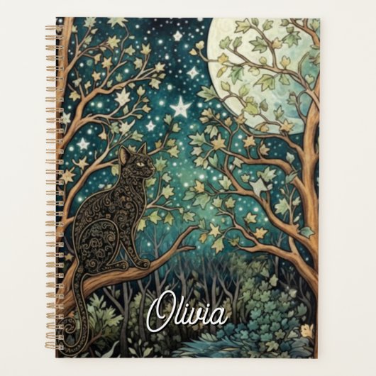 Boho cat starry night sky woodland forest planner (Voorkant)