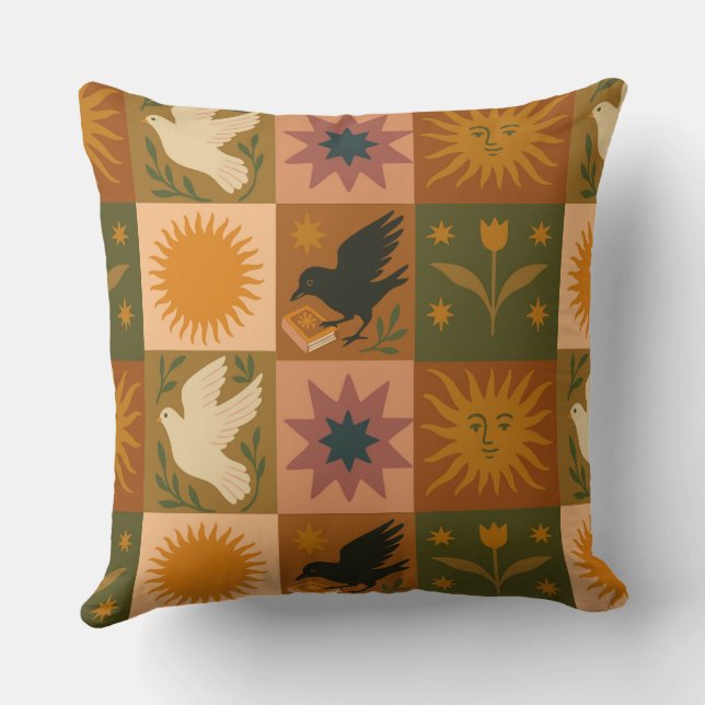 Boho Celestial | Retro Zon & Maan Kussen (Achterkant)