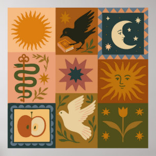 Boho Celestial Retro Zon & Maan Poster