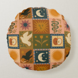 Boho Celestial | Retro Zon & Maan Rond Kussen