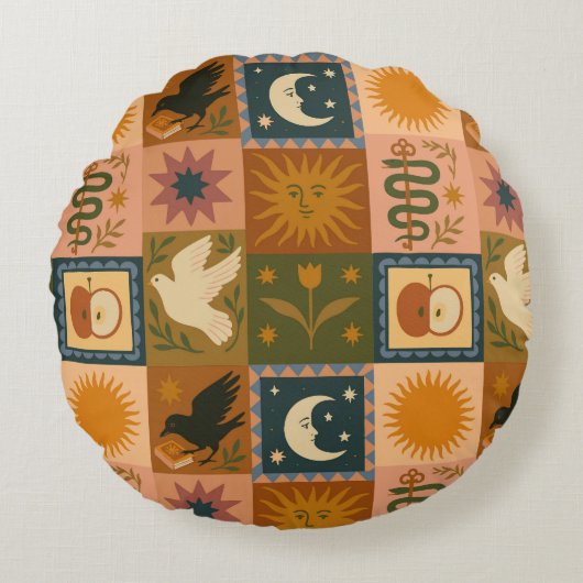 Boho Celestial | Retro Zon & Maan Rond Kussen (Voorkant)