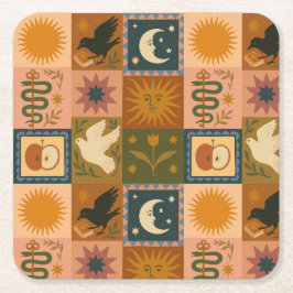 Boho Celestial | Retro Zon & Maan Vierkante Kartonnen Onderzetter