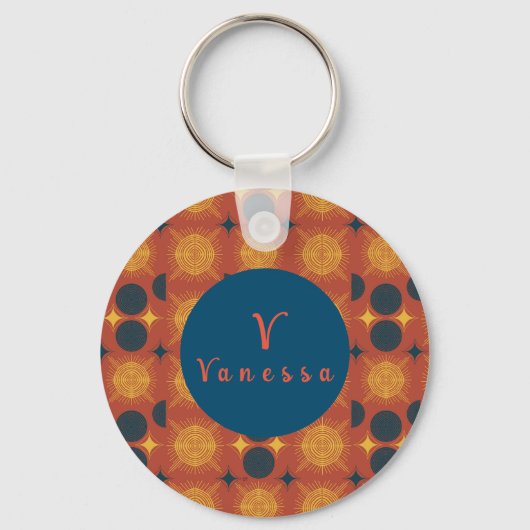 Boho Celestial Sun Moon Monogram Script Sleutelhan Sleutelhanger (Voorkant)