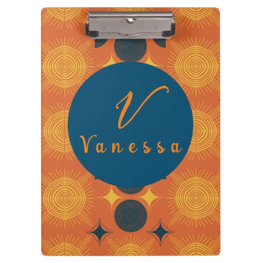 Boho Celestial Sun Moon Oranje Monogram Script Klembord (Voorkant)