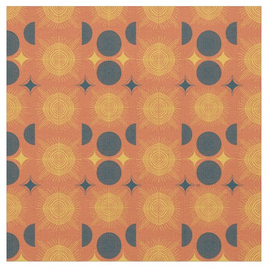 Boho Celestial Sun Moon Oranje Pattern Stof (Close Up)